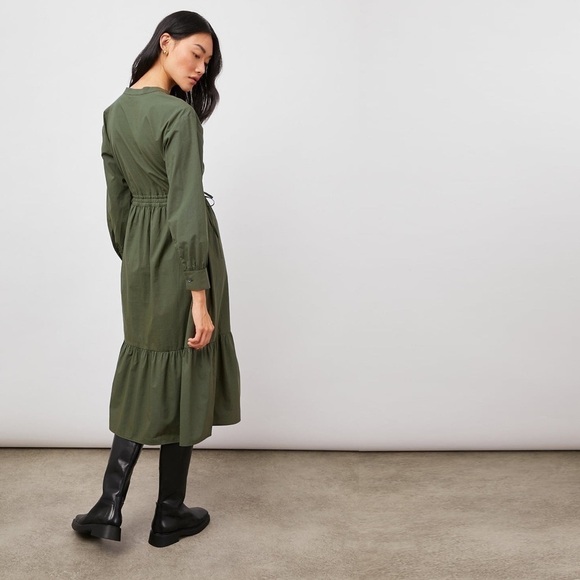 Rails Green Maple Olive Smoke Long Sleeve V Neckline Midi Dress Size Medium - Picture 3 of 16
